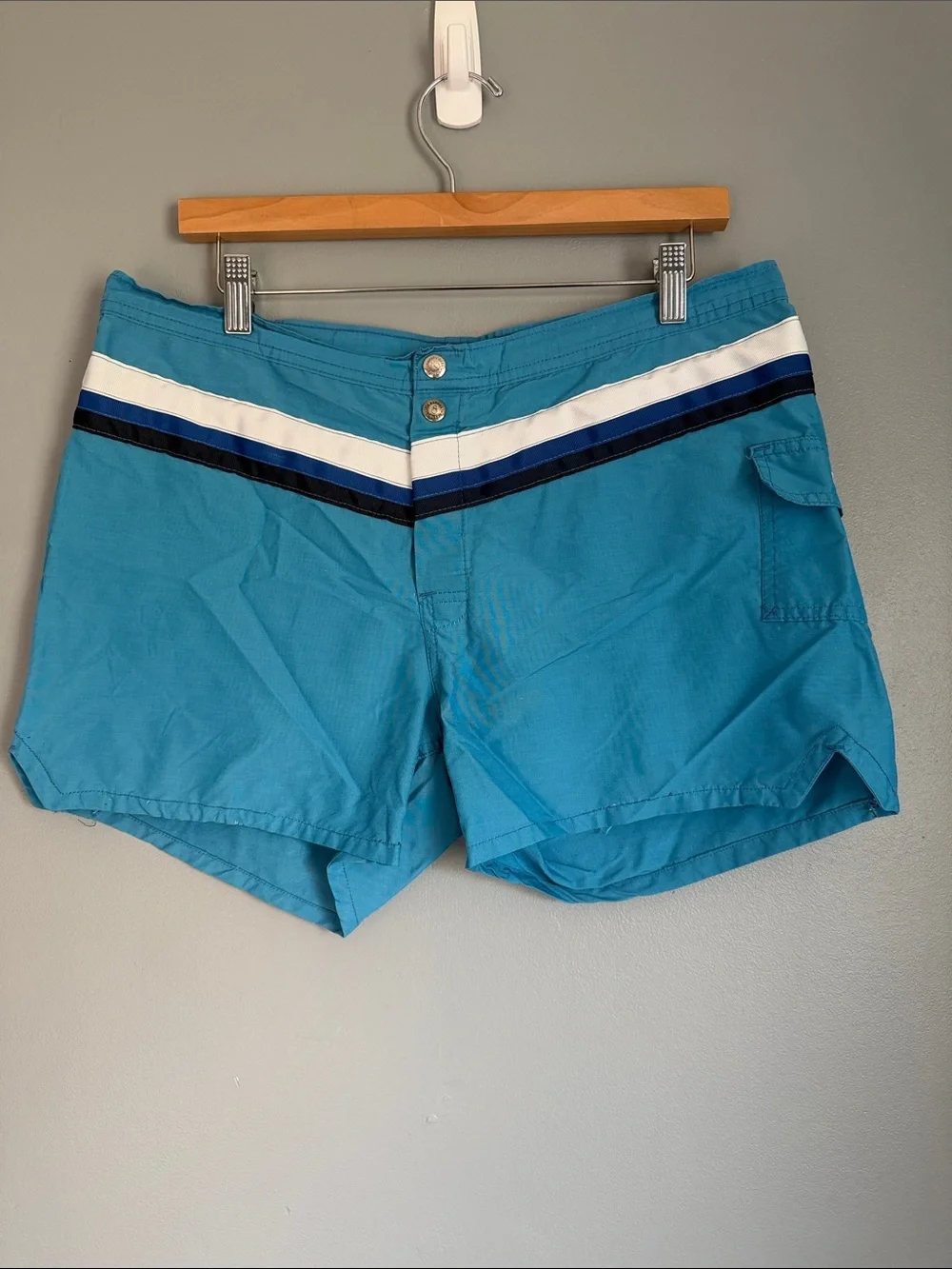 Vintage 70s 80s Retro Striped Swim Trunks Turquoise Blue Board Shorts Medium 32”